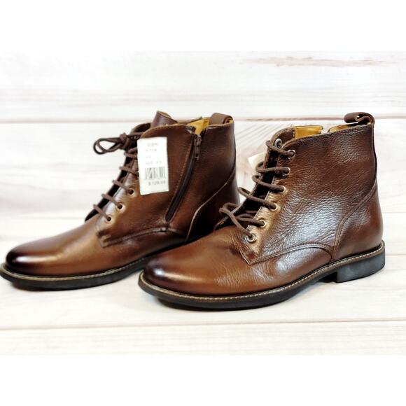 Saks Fifth Avenue Side Zip Leather Ankle Boots Mens 9.5 M Brown Brazil NWT